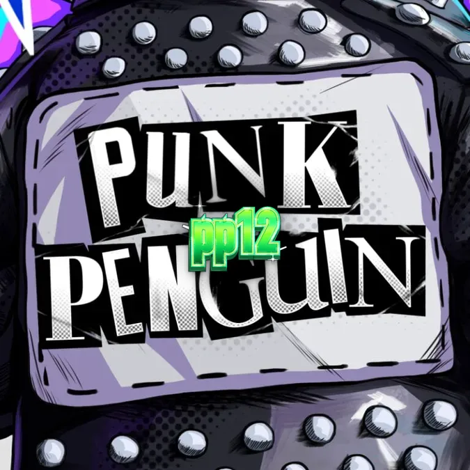 Captura de tela do jogo Punk Penguin, mostrando pinguins com estilo punk em um palco de show, com símbolos de multiplicadores SuperSpinners.
